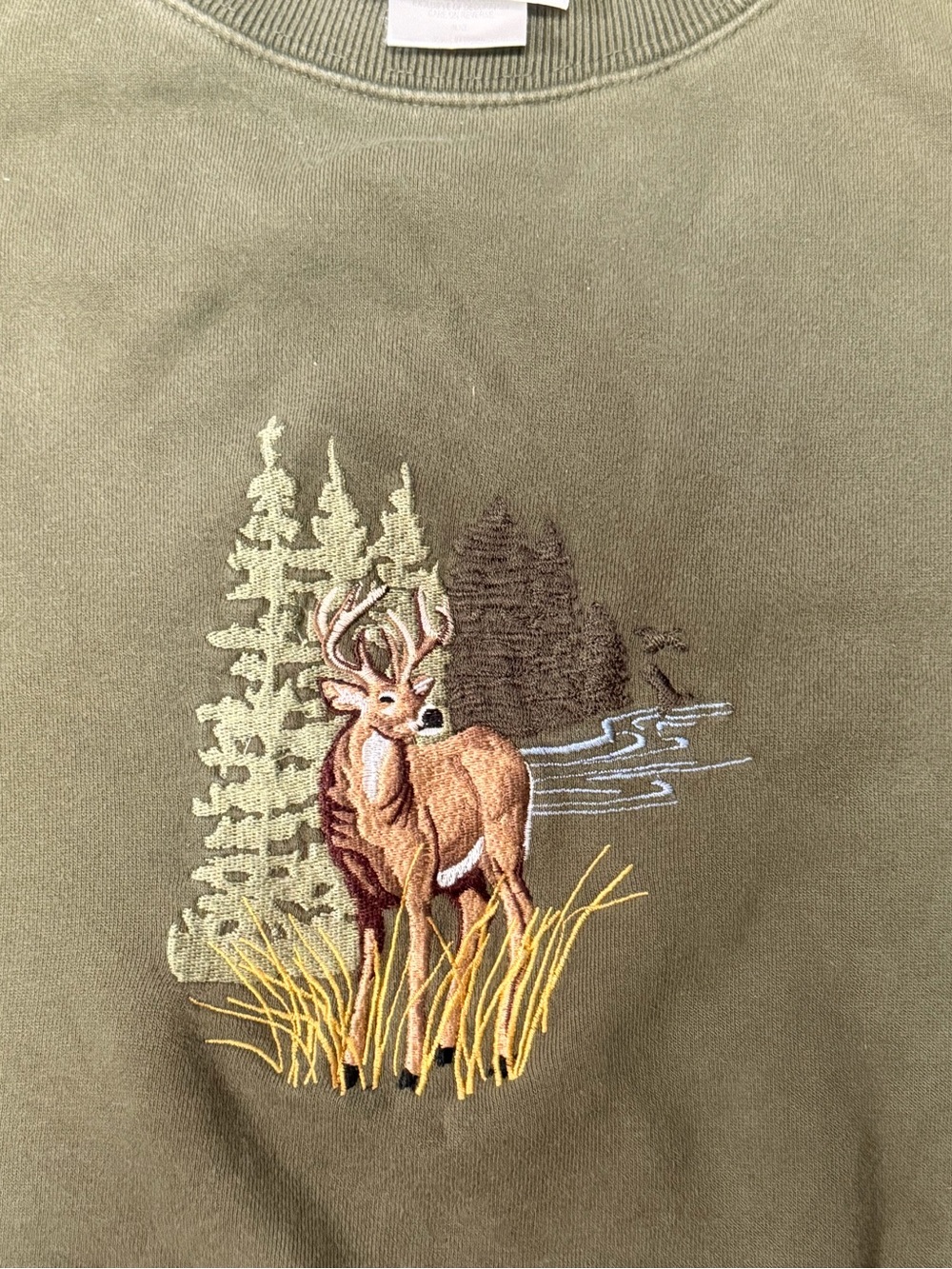 Vintage Olive Green Deer Embroidered Crewneck Sweatshirt - Picture 2 of 6